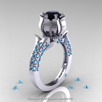 Classic 14K White Gold 1.0 Ct Black Diamond Blue Topaz Solitaire Wedding Ring R410-14KWGBTBD-1