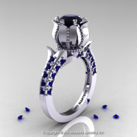 Classic 14K White Gold 1.0 Ct Black Diamond Blue Sapphire Solitaire Wedding Ring R410-14KWGBSBD-1