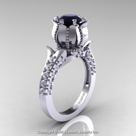 Classic 14K White Gold 1.0 Ct Black and White Diamond Solitaire Wedding Ring R410-14KWGDBD-1