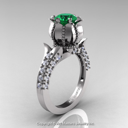 Classic 14K White Gold 1.0 Ct Emerald  Diamond Solitaire Wedding Ring R410-14KWGDEM-1