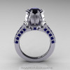 Classic 14K White Gold 1.0 Ct Black Diamond Blue Sapphire Solitaire Wedding Ring R410-14KWGBSBD-2