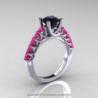 Classic 14K White Gold 1.0 Ct Black Diamond Pink Sapphire Cluster Solitaire Ring R258-14KWGPSBD-1