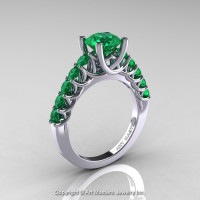 Classic 14K White Gold 1.0 Ct Emerald Cluster Solitaire Ring R258-14KWGEM-1