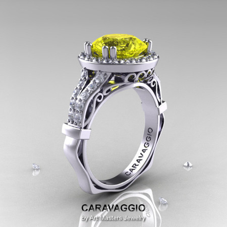 Caravaggio 14K White Gold 3.0 Ct Yellow Sapphire Diamond Engagement Ring Wedding Ring R620-14KWGDYS-1