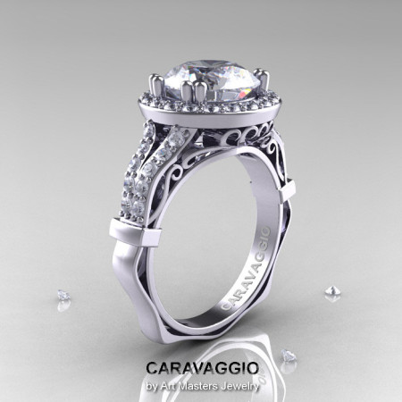 Caravaggio 14K White Gold 3.0 Ct White Sapphire Diamond Engagement Ring Wedding Ring R620-14KWGDWS-1