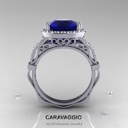 Caravaggio 14K White Gold 3.0 Ct Blue Sapphire Diamond Engagement Ring Wedding Ring R620-14KWGDBS-1