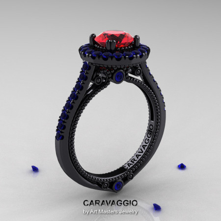 Caravaggio 14K Black Gold 1.0 Ct Ruby Blue Sapphire Engagement Ring Wedding Ring R621-14KBGBSR-1