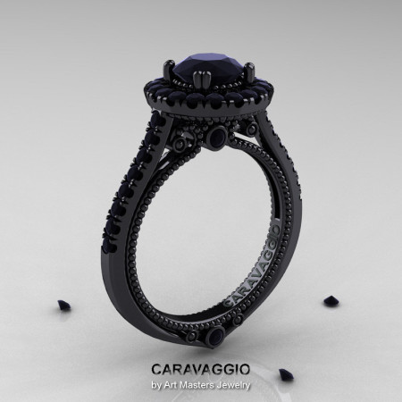 Caravaggio 14K Black Gold 1.0 Ct Black Diamond Engagement Ring Wedding Ring R621-14KBGBD-1