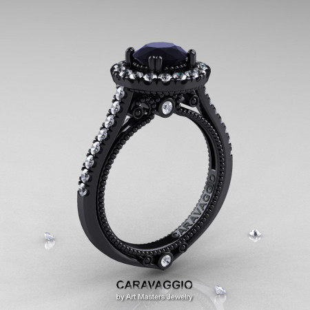 Caravaggio 14K Black Gold 1.0 Ct Black and White Diamond Engagement Ring Wedding Ring R621-14KBGDBD-1