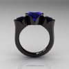 Nature Classic 14K Black Gold 2.0 Ct Heart Blue Sapphire Black Diamond Three Stone Floral Engagement Ring Wedding Ring R434-14KBGBDBS-2
