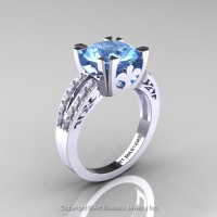 Modern Vintage 14K White Gold 3.0 Carat Blue Topaz Diamond Solitaire Ring R102-14KWGDBT-1