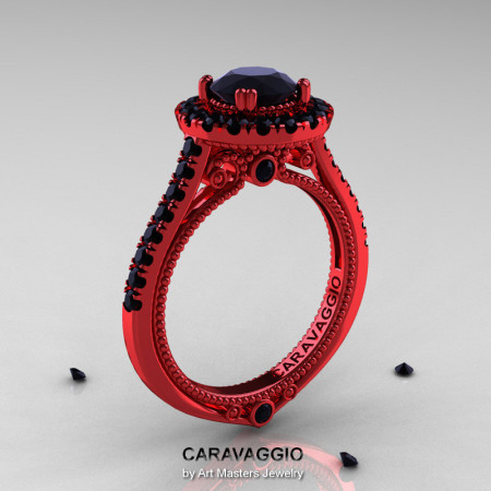 Caravaggio 14K Red Gold 1.0 Ct Black Diamond Engagement Ring Wedding Ring R621-14KRGBD-1