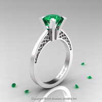 Modern Armenian 14K White Gold Lace 1.0 Ct Emerald Solitaire Engagement Ring R308-14KWGEM-1