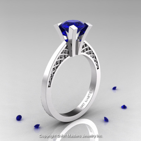 Modern Armenian 14K White Gold Lace 1.0 Ct Blue Sapphire Solitaire Engagement Ring R308-14KWGBS-1