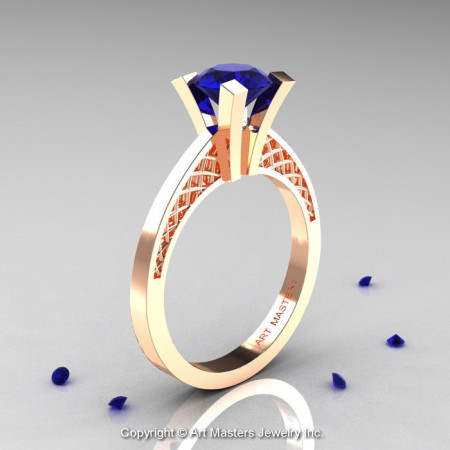 Modern Armenian 14K Rose Gold Lace 1.0 Ct Blue Sapphire Solitaire Engagement Ring R308-14KRGBS-1