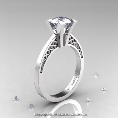 Modern Armenian 14K White Gold Lace 1.0 Ct Cubic Zirconia Solitaire Engagement Ring R308-14KWGCZ-1