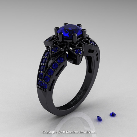 Art Deco 14K Black Gold 1.0 Ct Blue Sapphire Wedding Ring Engagement Ring R286-14KBGBS-1