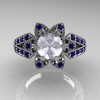 Art Deco 950 Platinum 1.0 Ct Russian CZ Blue Sapphire Wedding Ring Engagement Ring R286-PLATBSCZ-3