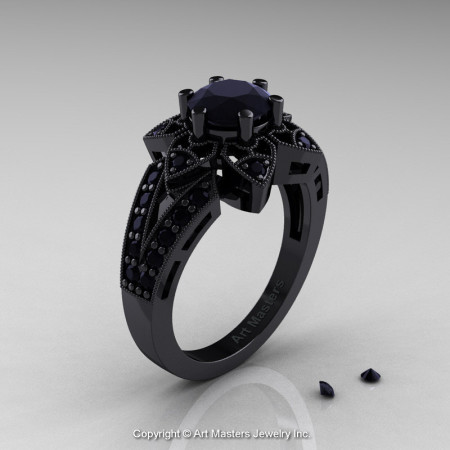 Art Deco 14K Black Gold 1.0 Ct Black Diamond Wedding Ring Engagement Ring R286-14KBGBD-1
