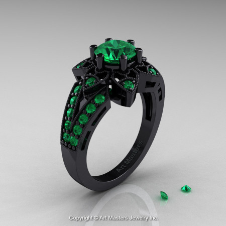Art Deco 14K Black Gold 1.0 Ct Emerald Wedding Ring Engagement Ring R286-14KBGEM-1