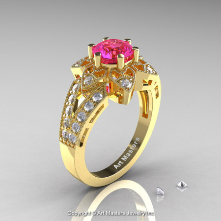 Art Deco 14K Yellow Gold 1.0 Ct Pink Sapphire Wedding Ring Engagement Ring R286-14KYGPS-1
