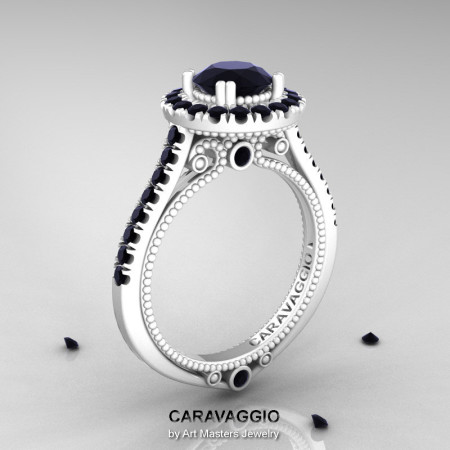 Caravaggio 14K Ceramic White Gold 1.0 Ct Black Diamond Engagement Ring Wedding Ring R621-14KCWGBD-1