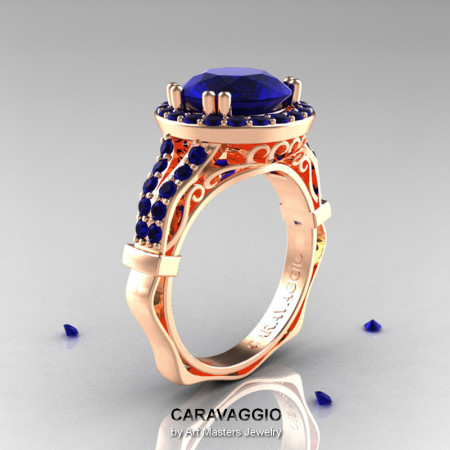Caravaggio 14K Rose Gold 3.0 Ct Blue Sapphire Engagement Ring Wedding Ring R620-14KRGBS-1