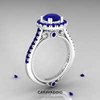 Caravaggio 14K Ceramic White Gold 1.0 Ct Blue Sapphire Engagement Ring Wedding Ring R621-14KCWGBS-1