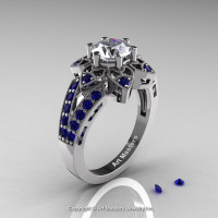 Art Deco 950 Platinum 1.0 Ct Russian CZ Blue Sapphire Wedding Ring Engagement Ring R286-PLATBSCZ-1