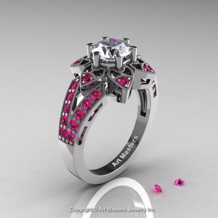 Art Deco 950 Platinum 1.0 Ct Russian CZ Pink Sapphire Wedding Ring Engagement Ring R286-PLATPSCZ-1