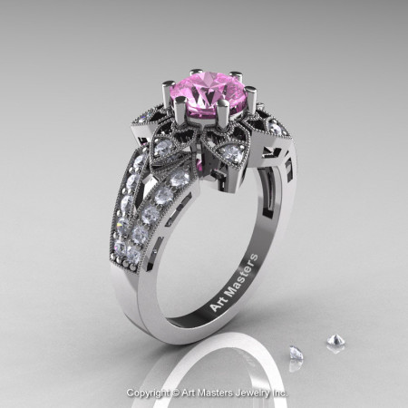 Art Deco 14K White Gold 1.0 Ct Light Pink Sapphire Diamond Wedding Ring Engagement Ring R286-14KWGDLPS-1