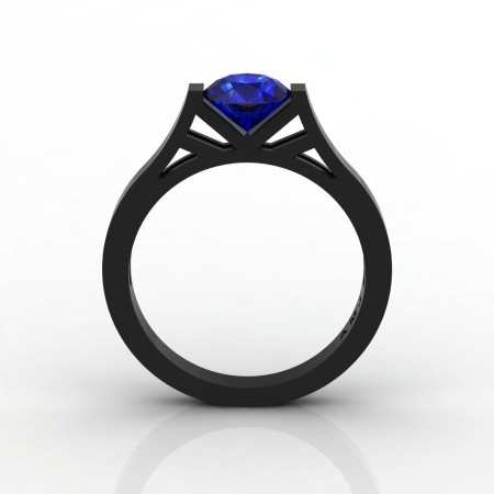 Modern 14K Black Gold Elegant and Luxurious Engagement Ring or Wedding Ring with a Blue Sapphire Center Stone R667-14KBGBS-1