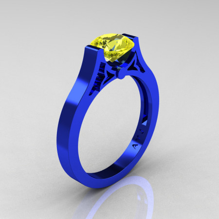 Modern 14K Blue Gold Luxurious and Simple Engagement Ring or Wedding Ring with a 1.0 Ct Yellow Sapphire Center Stone R668-14KBLGYS-1