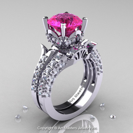 14K White Gold French Vintage 3.0 Ct Pink Sapphire Diamond Solitaire and Wedding Ring Bridal Set R401S-14KWGDPS-1