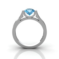 14K White Gold Elegant and Modern Wedding or Engagement Ring for Women with a Blue Topaz Center Stone R665-14KWGBT-1