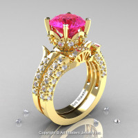 14K Yellow Gold French Vintage 3.0 Ct Pink Sapphire Diamond Solitaire and Wedding Ring Bridal Set R401S-14KYGDPS-1