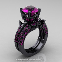 Classic French 14K Black Gold 3.0 Ct Amethyst Solitaire Wedding Ring Wedding Band Set R401S-14KBGAM-1