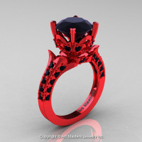 Classic French 14K Coral Red Gold 3.0 Ct Black Moissanite Black Diamond Solitaire Wedding Ring R401-14KCRGBDBMO-1
