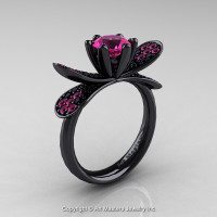 14K Black Gold 1.0 Ct Pink Sapphire Black Diamond Nature Inspired Engagement Ring Wedding Ring R671-14KBGBDPS-1