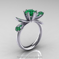 14K White Gold 1.0 Ct Emerald Diamond Nature Inspired Engagement Ring Wedding Ring R671-14KWGDEM-1