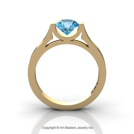 Modern 14K Yellow Gold Designer Wedding Ring or Engagement Ring for Women with 1.0 Ct Blue Topaz Center Stone R665-14KYGBT-1