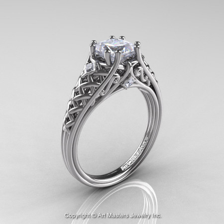 Classic French 950 Platinum 1.0 Ct Princess White Sapphire Diamond Lace Bridal Ring R175P-PLATDWS-1
