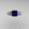 Classic French 14K White Gold 1.0 Ct Princess Blue Sapphire Diamond Lace Engagement Ring Wedding Band Set R175PS-14KWGDBS-5