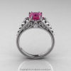 Classic French 14K White Gold 1.0 Ct Princess Pink Sapphire Diamond Lace Engagement Ring or Wedding Ring R175P-14KWGDPS-2