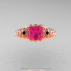 Classic French 14K Rose Gold 1.0 Ct Princess Pink Sapphire Black Diamond Lace Engagement Ring or Wedding Ring R175P-14KRGBDPS-3