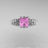 Classic French 14K White Gold 1.0 Ct Princess Light Pink Sapphire Diamond Lace Engagement Ring Wedding Band Set R175PS-14KWGDLPS-5