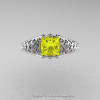 Classic French 14K White Gold 1.0 Ct Princess Yellow Sapphire Diamond Lace Engagement Ring Wedding Band Set R175PS-14KWGDYS-5