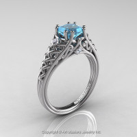 Classic French 14K White Gold 1.0 Ct Princess Aquamarine Diamond Lace Engagement Ring or Wedding Ring R175P-14KWGDAQ-1