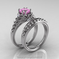 Classic French 14K White Gold 1.0 Ct Princess Light Pink Sapphire Diamond Lace Engagement Ring Wedding Band Set R175PS-14KWGDLPS-1