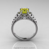 Classic French 14K White Gold 1.0 Ct Princess Yellow Sapphire Diamond Lace Engagement Ring Wedding Band Set R175PS-14KWGDYS-4